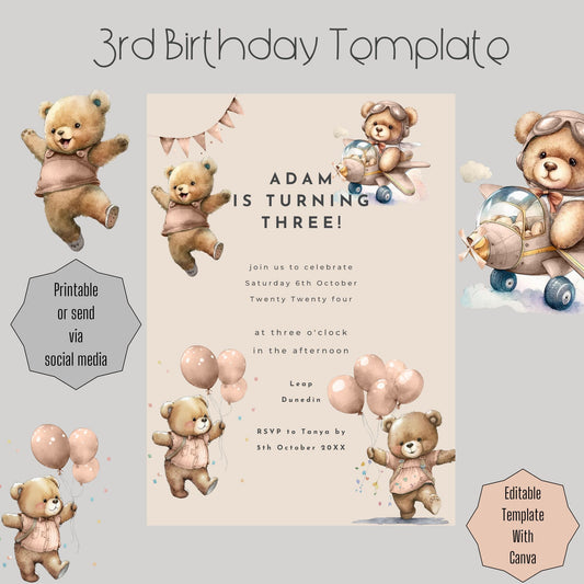 Brown Bear 3rd Birthday Invite Editable Template