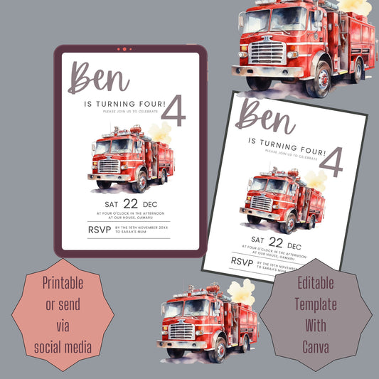 Fire Engine 4th Birthday Invite Editable Template