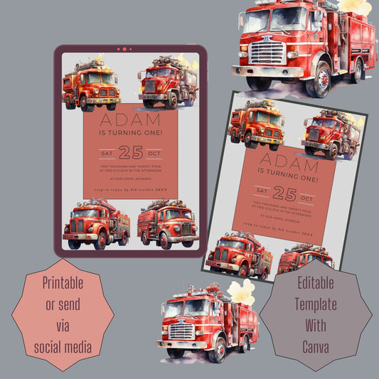 Fire Engine 1st Birthday Invite Editable Template