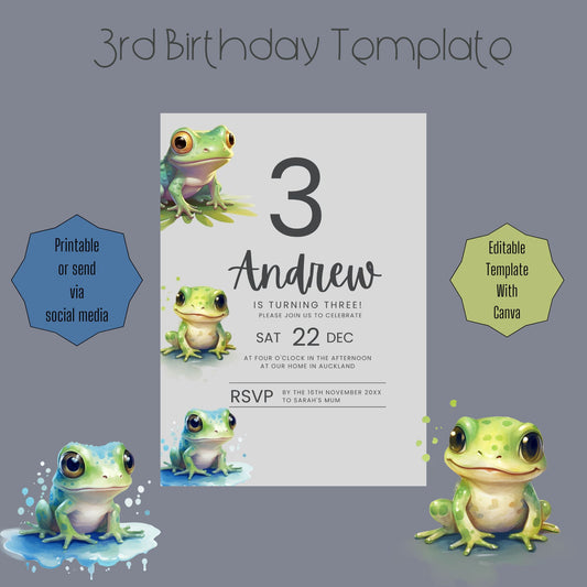 Frog Theme 3rd Birthday Invite Editable Template